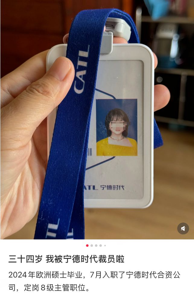 34岁女网友自曝：被新能源电池巨头裁员！项目一开始如火如荼，投入很大